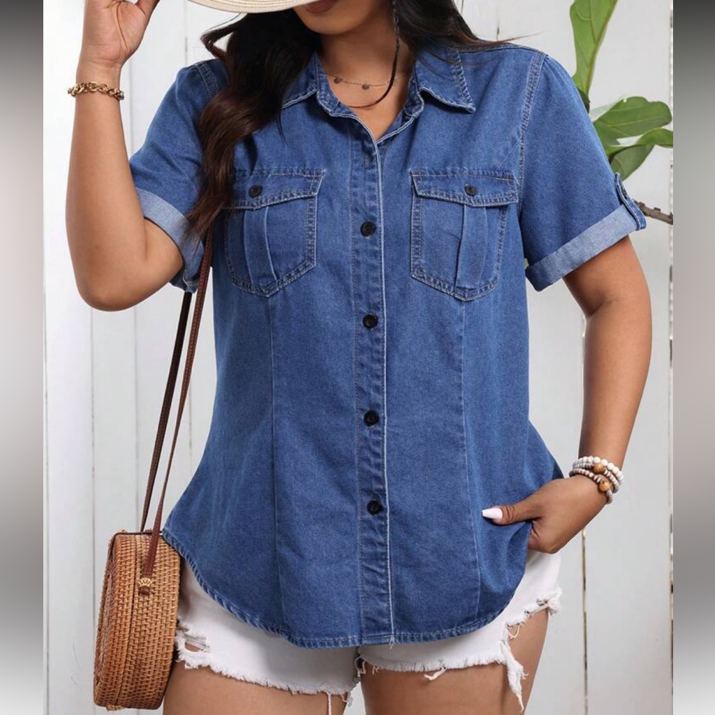 Plus Size Denim Flap Pockets Short Sleeves Top Blouse Button Down Skirt Blue